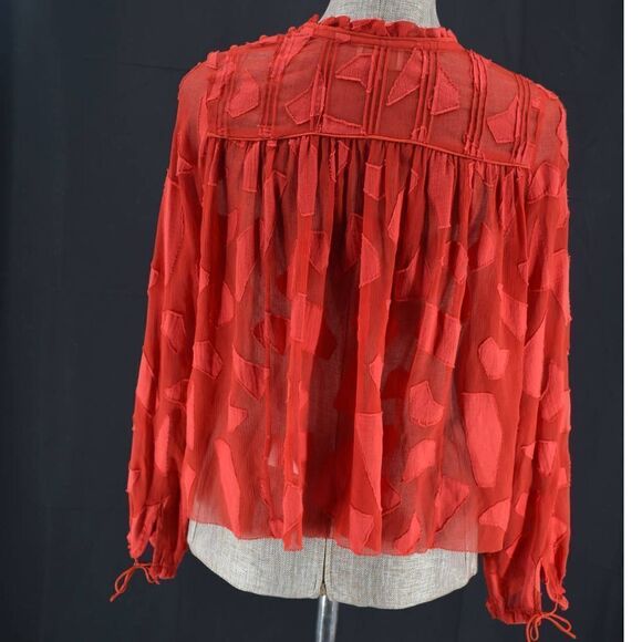 Le Fou Wilfred Sheer Ruffle Neck Geometric Red Long Sleeve Blouse- XXS - Picture 6 of 8